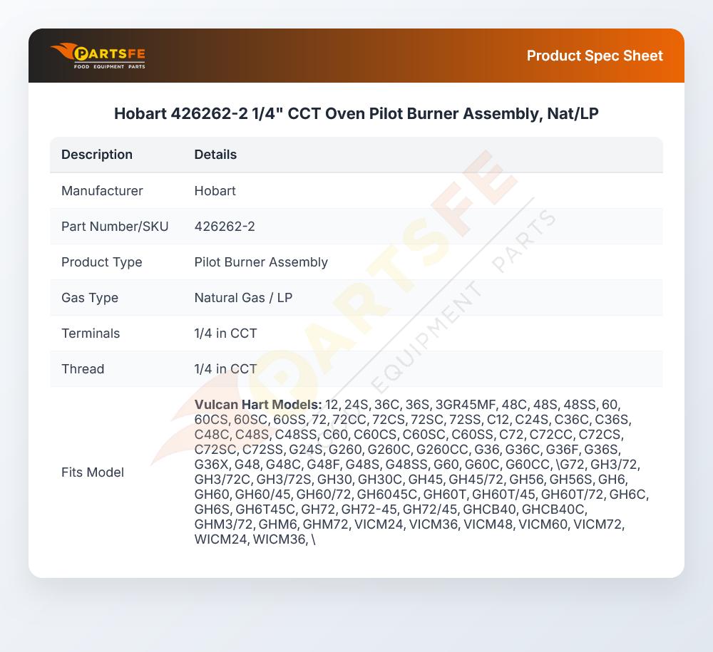 Hobart 426262-2 1/4" CCT Oven Pilot Burner Assembly, Nat/LP