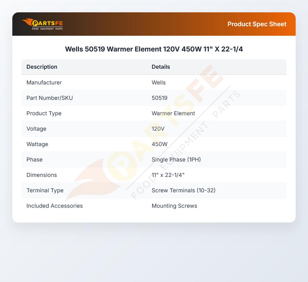 Wells 50519 Warmer Element 120V  450W  11" X 22-1/4
