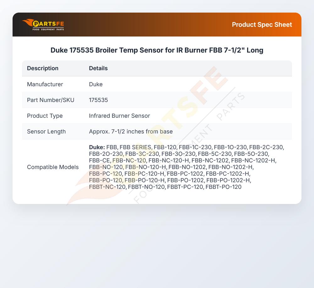 Duke 175535 Broiler Infrared Burner Flame Sensor