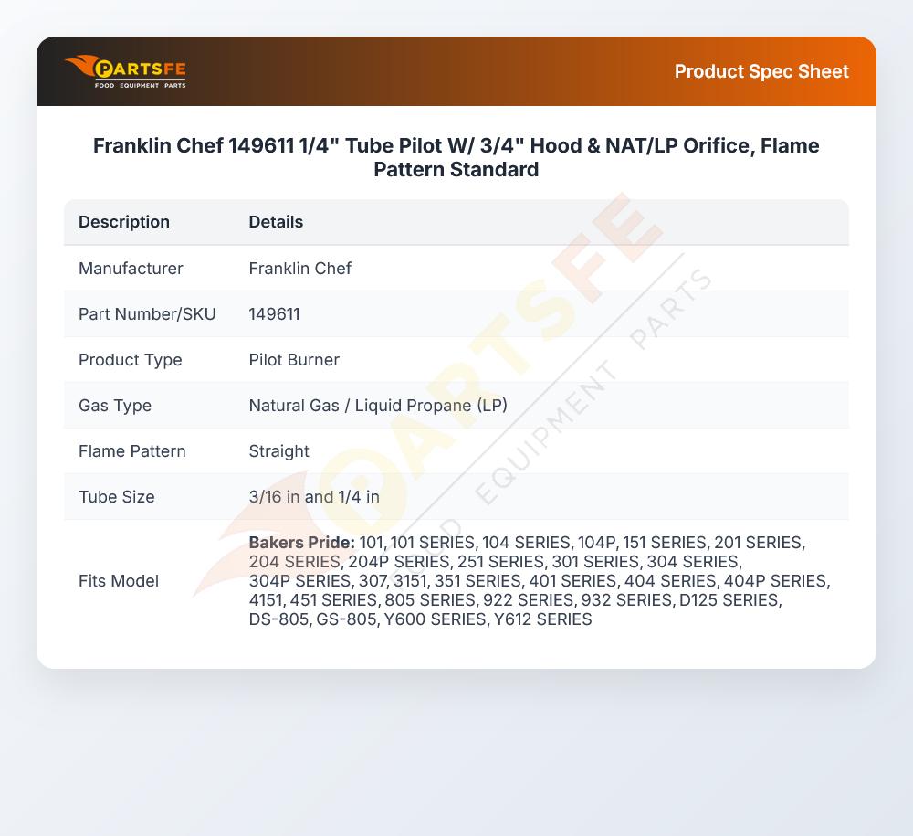 Franklin Chef 149611 Pilot Kit 1/4"& 3/4" Orifice Flame Pattern NAT/LP