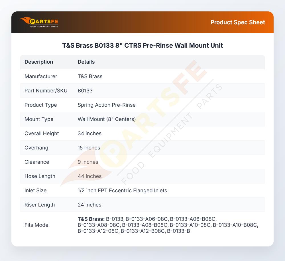 T&S Brass B0133 8" CTRS Pre-Rinse Wall Mount Unit