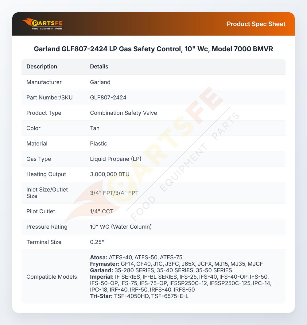 Garland GLF807-2424 LP Gas Safety Control, 10" Wc, Model 7000 BMVR