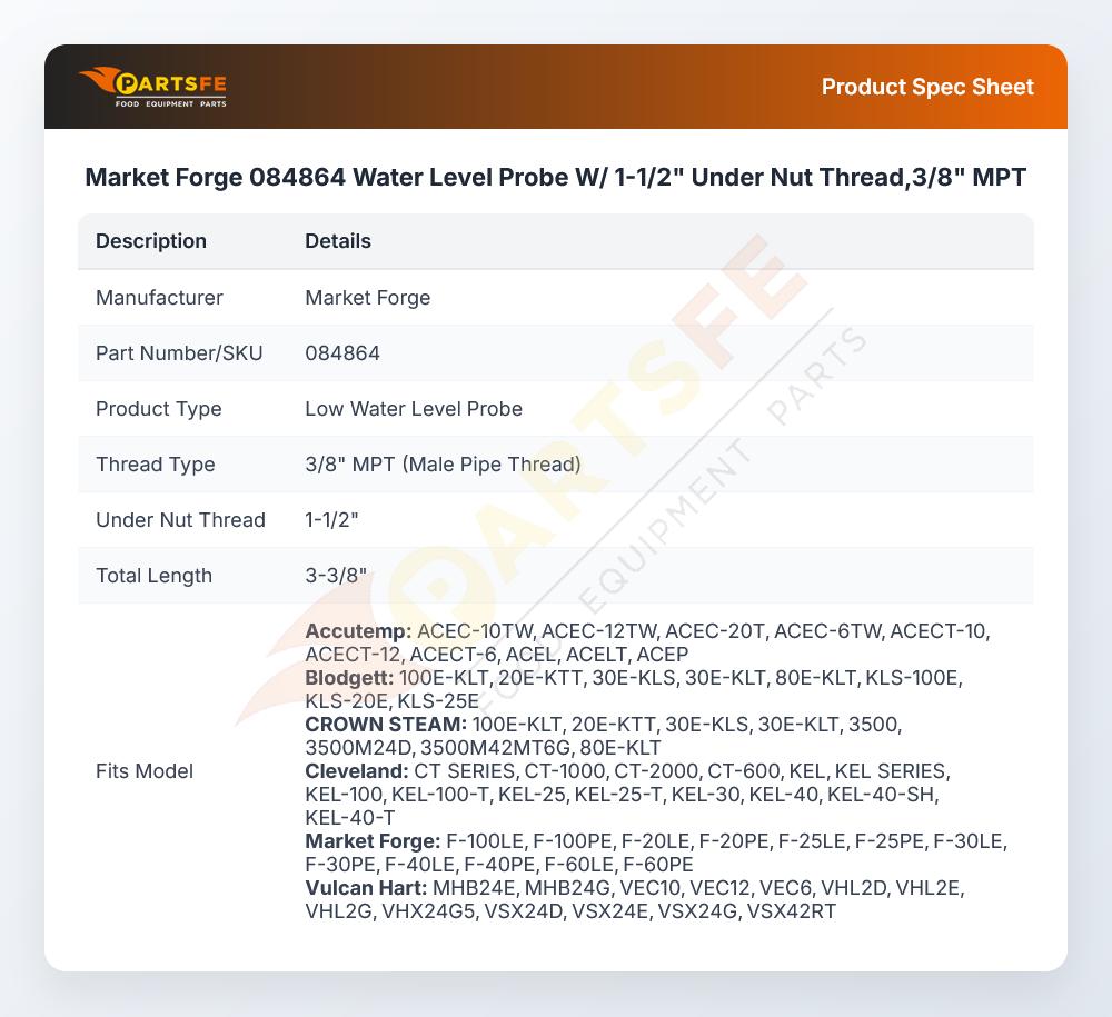 Market Forge 084864 Water Level Probe W/ 1-1/2" Under Nut Thread,3/8" MPT