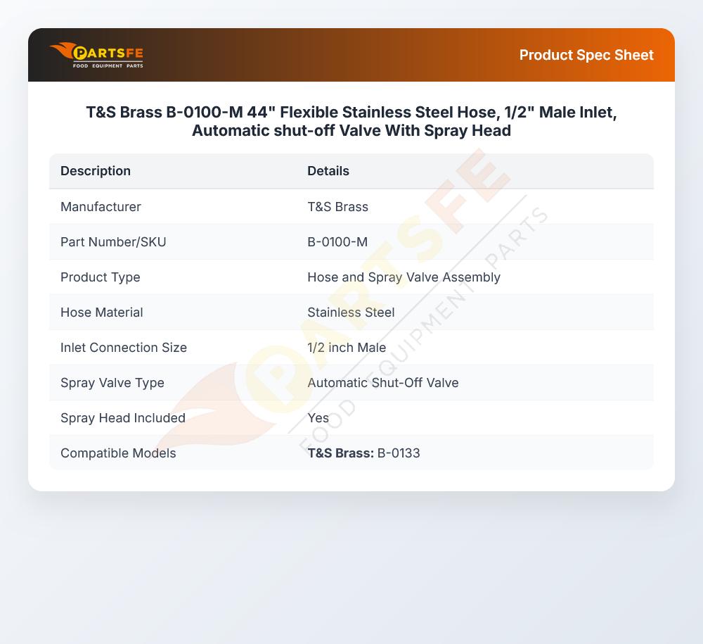 T&S Brass B-0100-M 44" Flexible Stainless Steel Hose, 1/2" Male Inlet, Automatic shut-off Valve With Spray Head