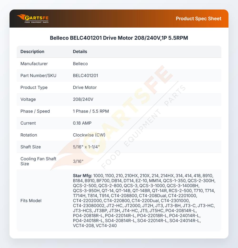 Belleco BELC401201 Drive Motor 208/240V,1P 5.5RPM