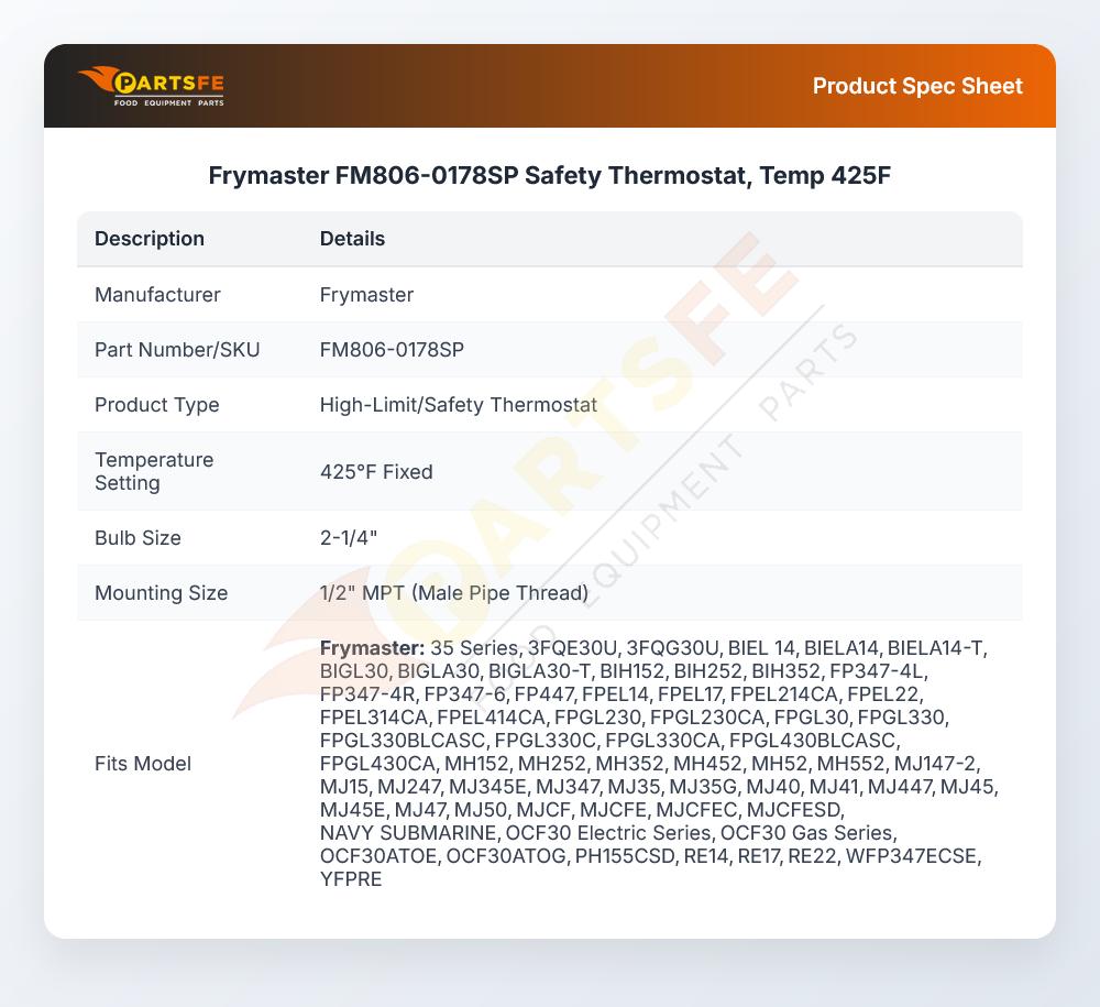 Frymaster FM806-0178SP Safety Thermostat, Temp 425F