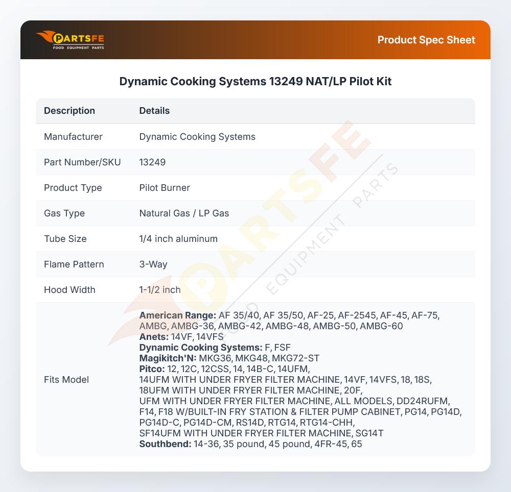 Dynamic Cooking Systems 13249 NAT/LP Pilot Kit