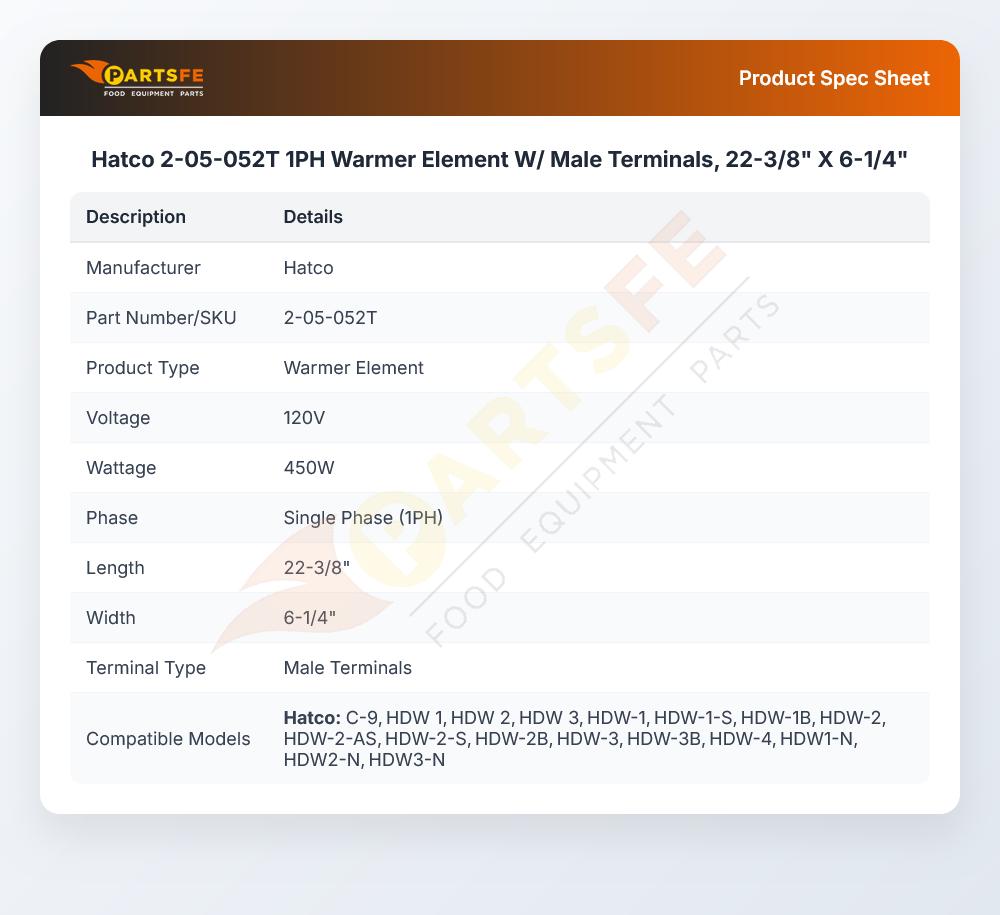 Hatco 2-05-052T 1PH Warmer Element W/ Male Terminals, 22-3/8" X 6-1/4"