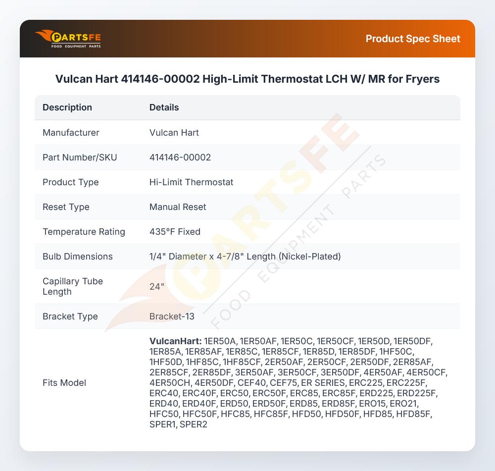 Vulcan Hart 414146-00002 High-Limit Thermostat LCH W/ MR for Fryers
