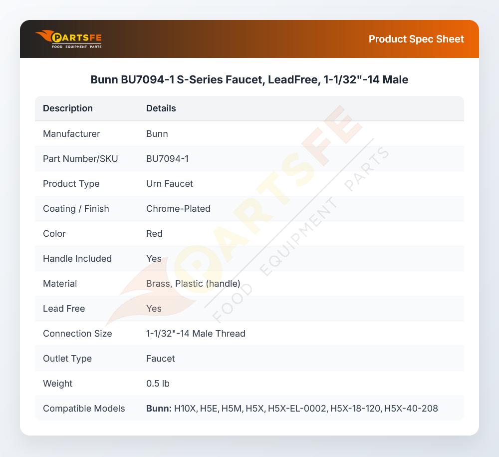 Bunn BU7094-1 S-Series Faucet, LeadFree, 1-1/32"-14 Male