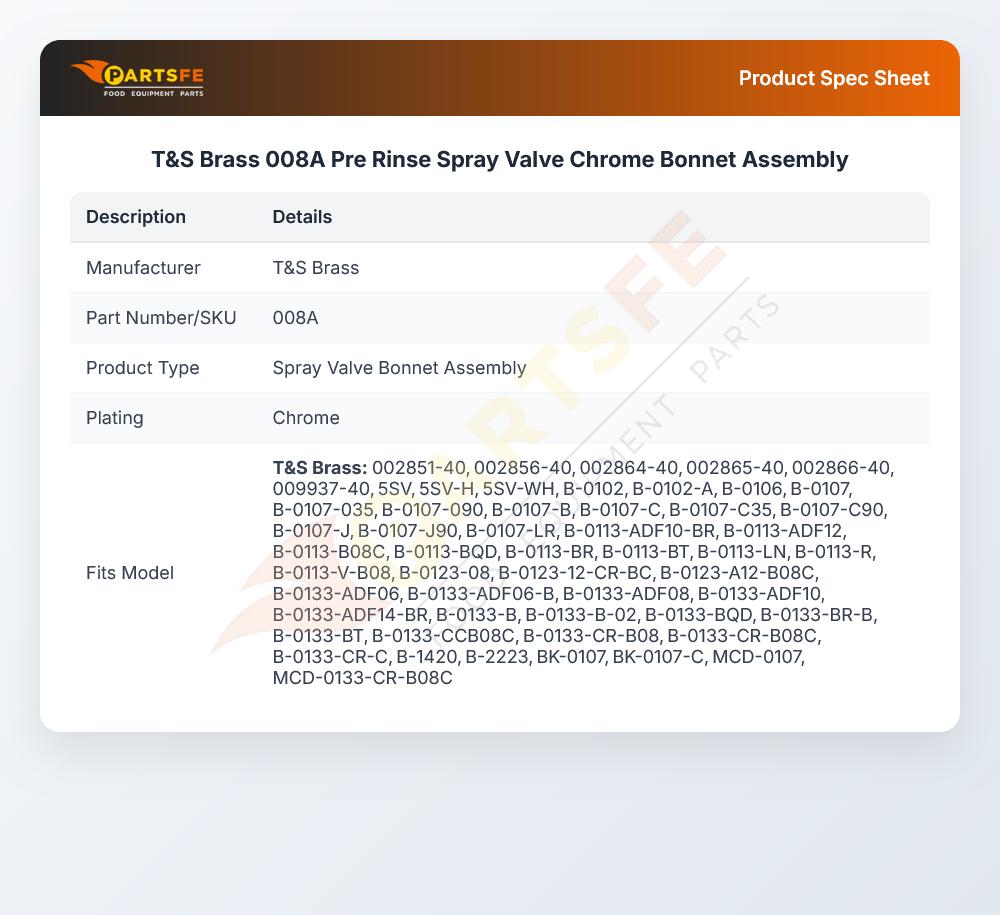 T&S Brass 008A Pre Rinse Spray Valve Chrome Bonnet  Assembly