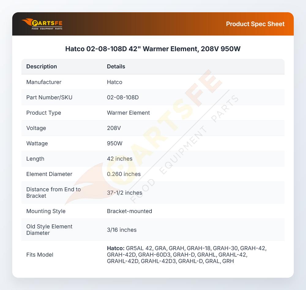 Hatco 02-08-108D 42" Warmer Element, 208V 950W