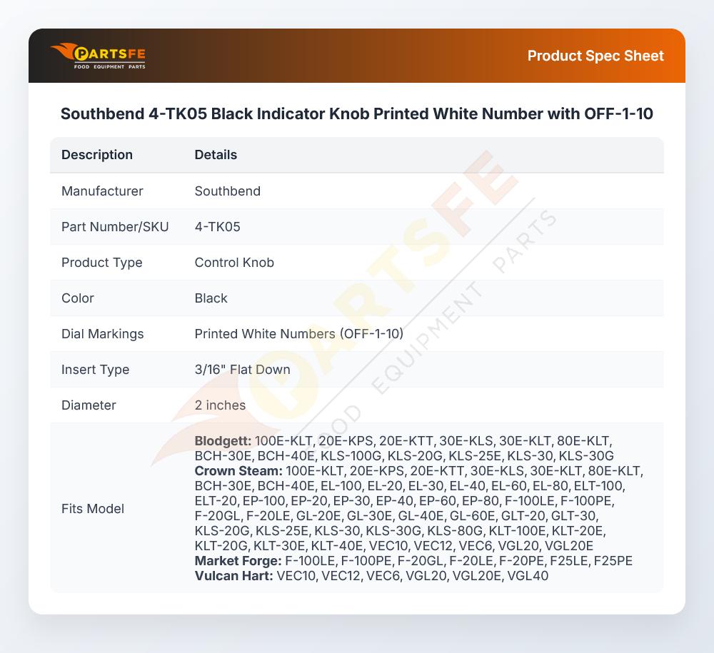 Southbend 4-TK05 Jacketed Kettle Numbers Dial Knob