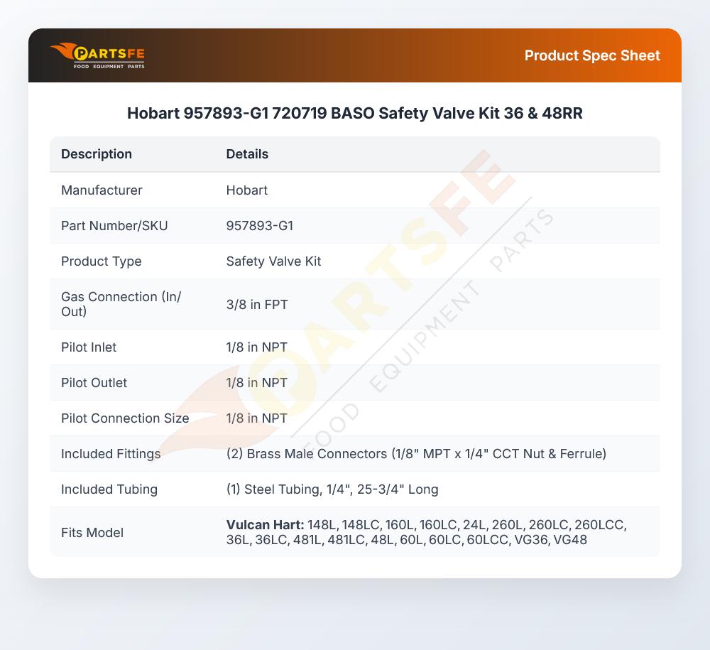 Hobart 957893-G1 720719 BASO Safety Valve Kit 36 & 48RR