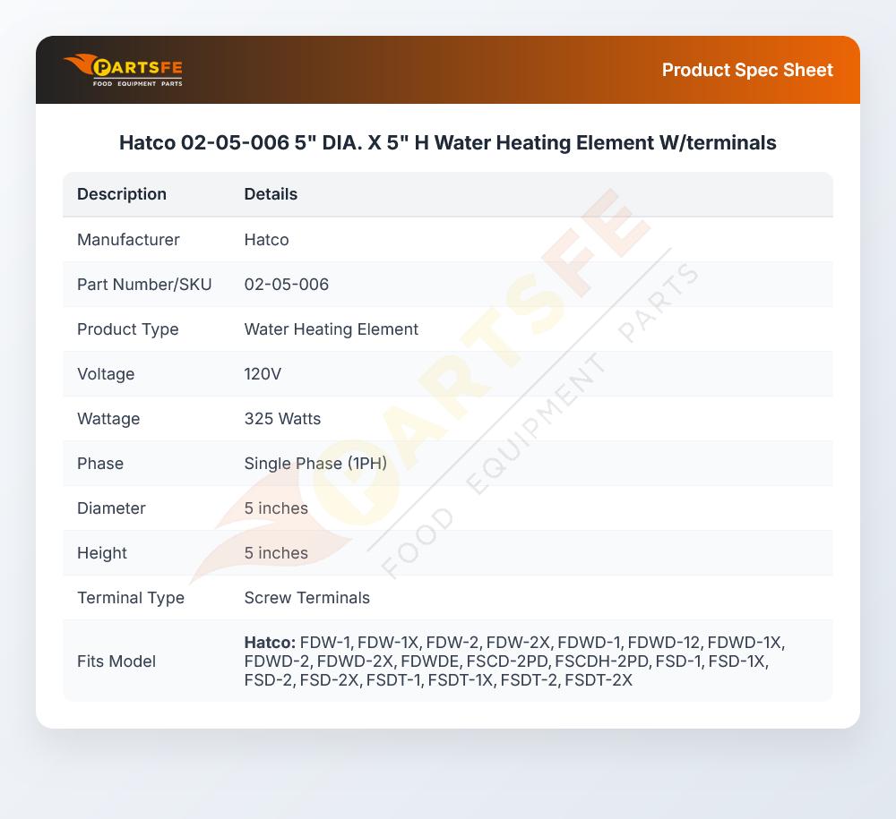 Hatco 02-05-006 5" DIA. X 5" H Water Heating Element W/terminals