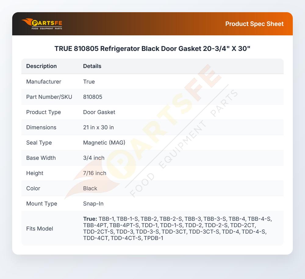 True 810805 Refrigerator Door Gasket Black 20-3/4" X 30"