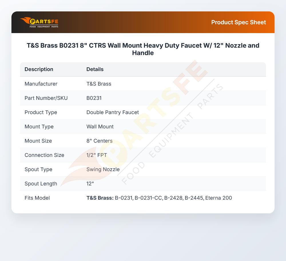 T&S Brass B0231 8" CTRS  Wall Mount Heavy Duty Faucet W/ 12" Nozzle and Handle