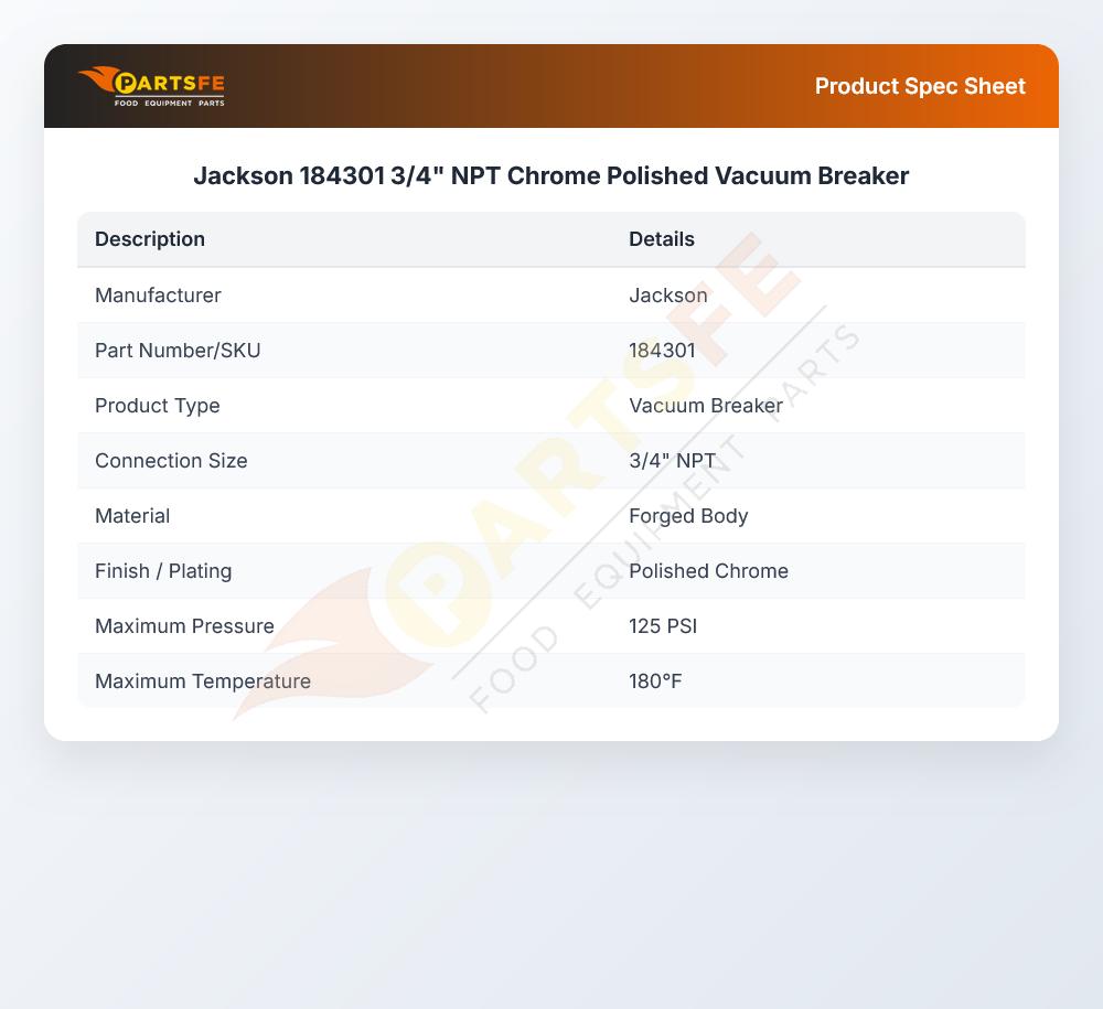 Jackson 184301 3/4" NPT Chrome Polished Vacuum Breaker