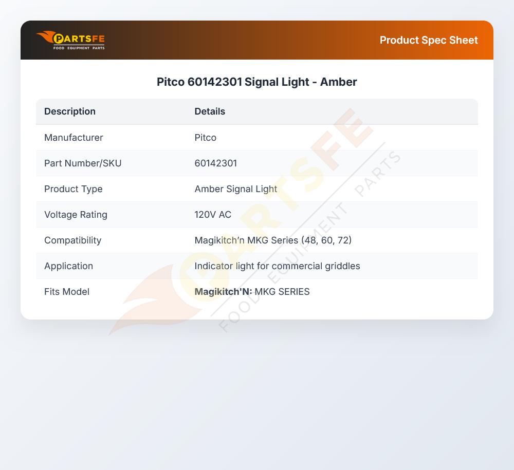 Pitco 60142301 Amber Signal Light Neon 120 VAC