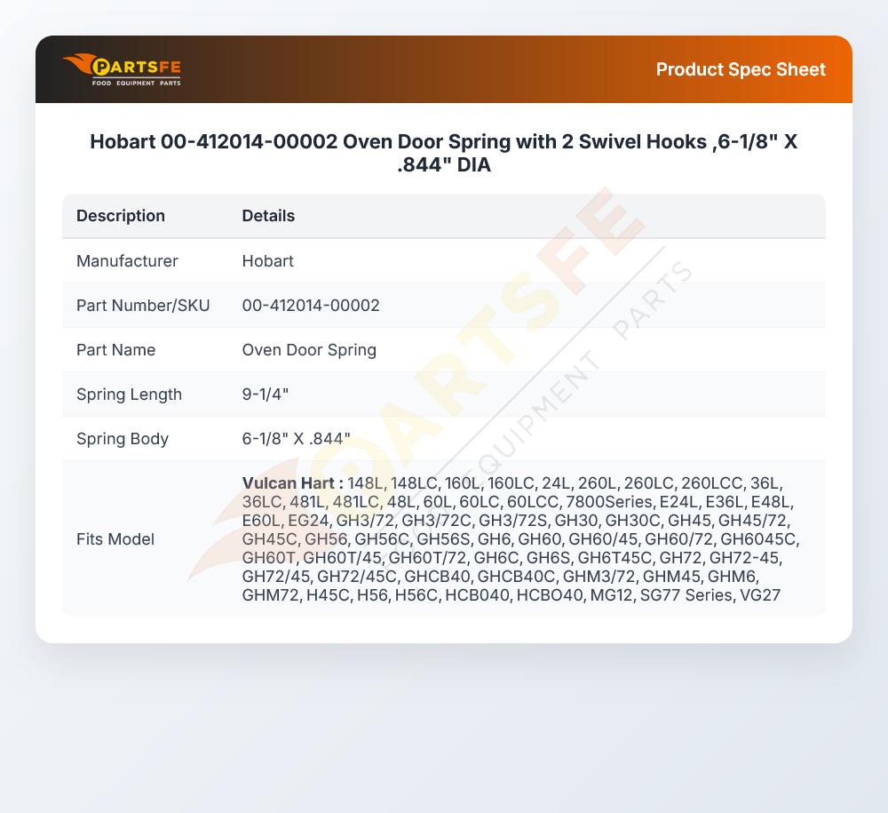 Hobart 00-412014-00002 Oven Door Spring with 2 Swivel Hooks ,6-1/8" X .844" DIA