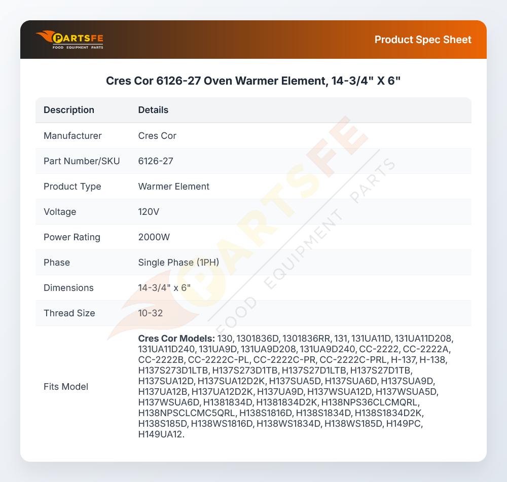 Cres Cor 6126-27 Oven Warmer Element, 14-3/4" X 6"
