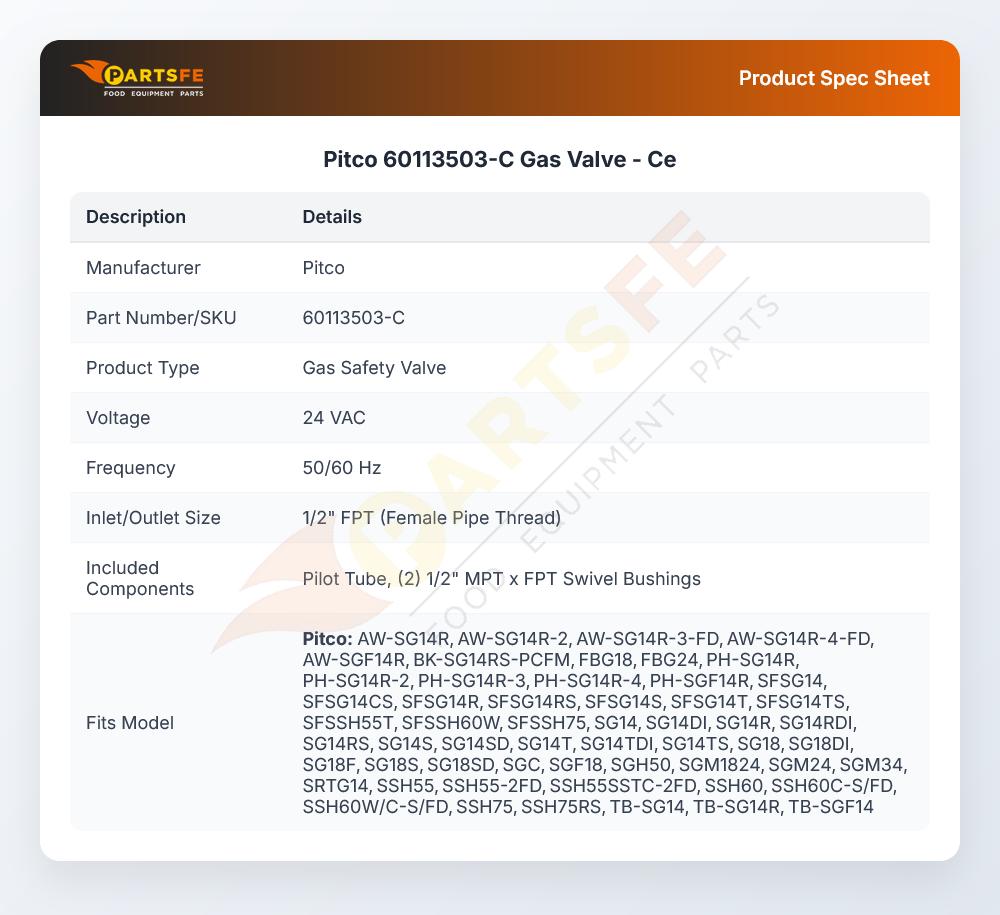 Pitco 60113503-C Gas Valve - Ce