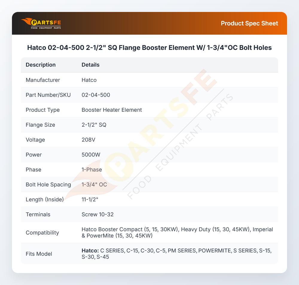 Hatco 02-04-500 Booster Element W/1-3/4"OC Bolt Holes