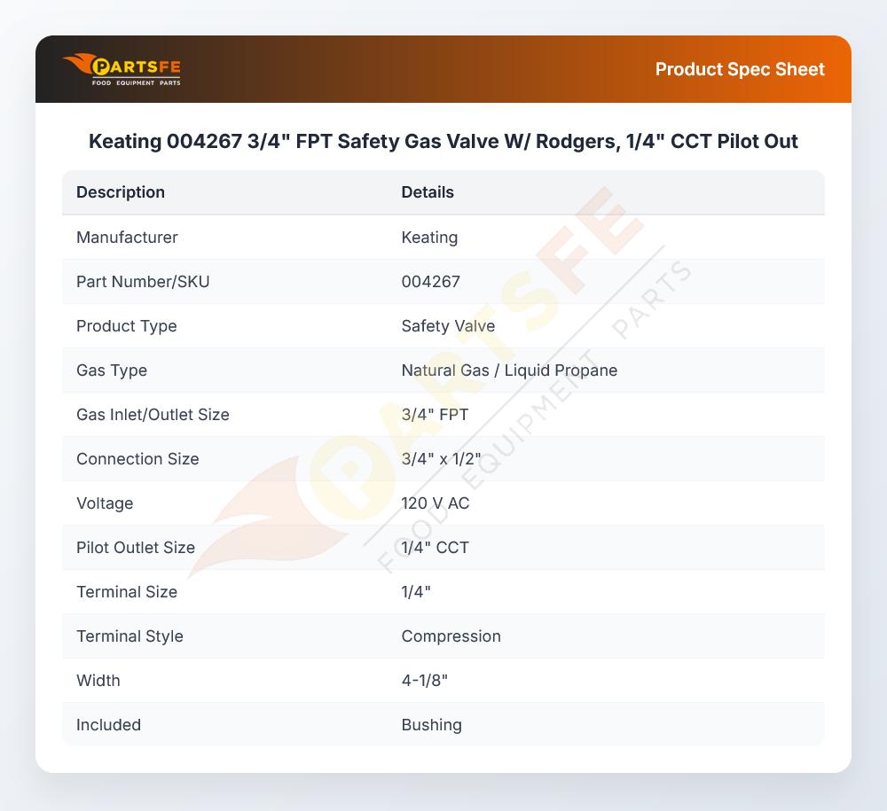 004267 3/4" FPT Safety Gas Valve W/ Rodgers, 1/4" CCT Pilot Out