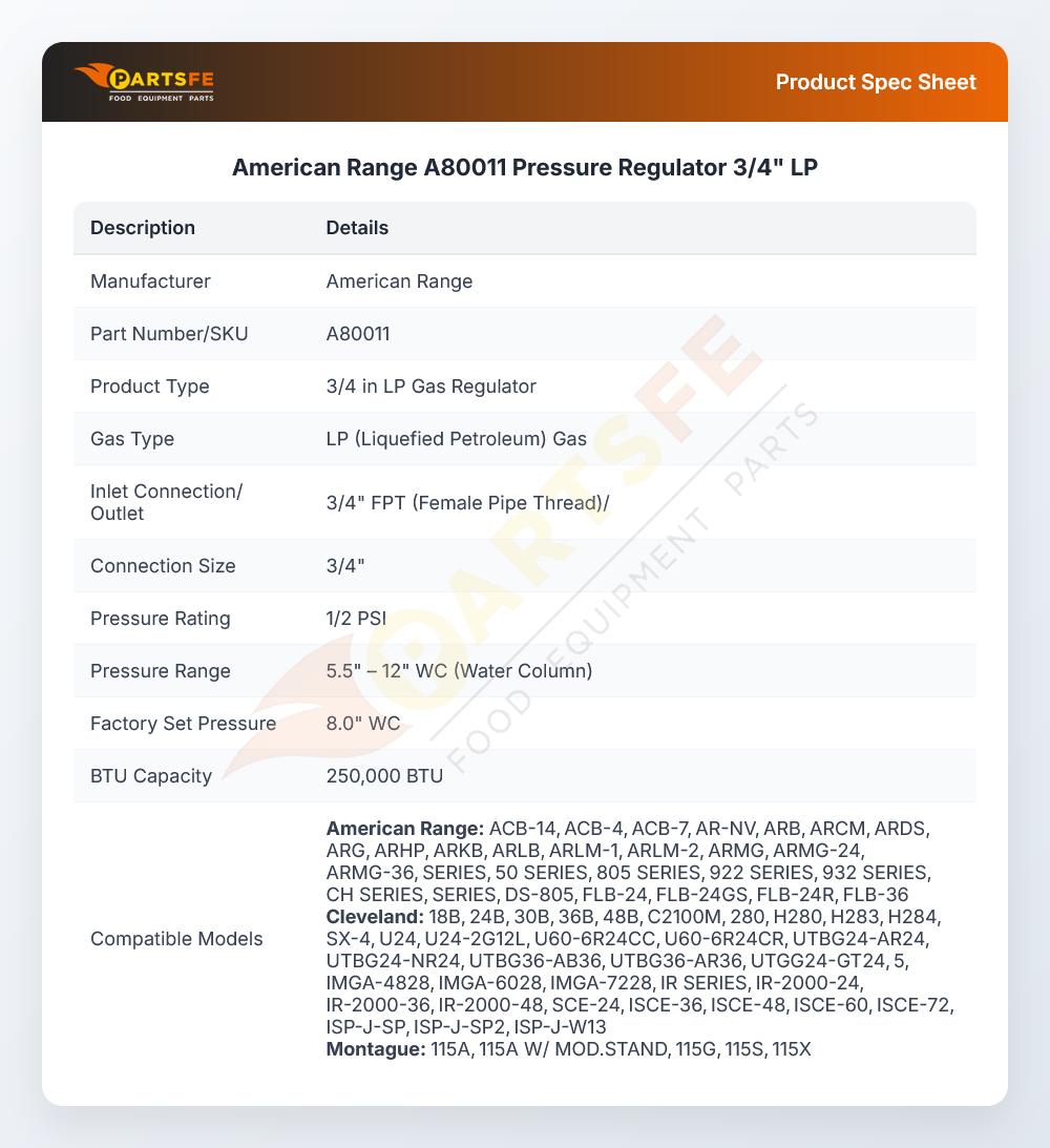 American Range A80011 Griddle Pressure Regulator 3/4" LP RV48L