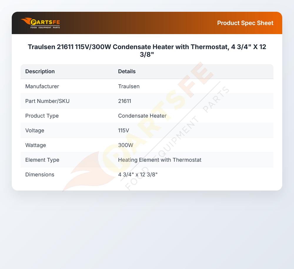 Traulsen 21611 115V/300W Condensate Heater with Thermostat, 4 3/4" X 12 3/8"