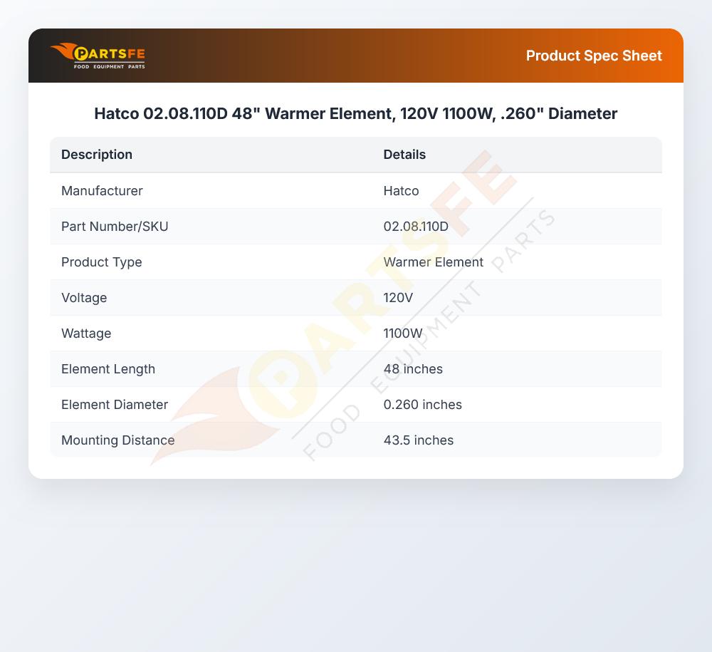 Hatco 02.08.110D 48" Warmer Element, 120V 1100W, .260" Diameter