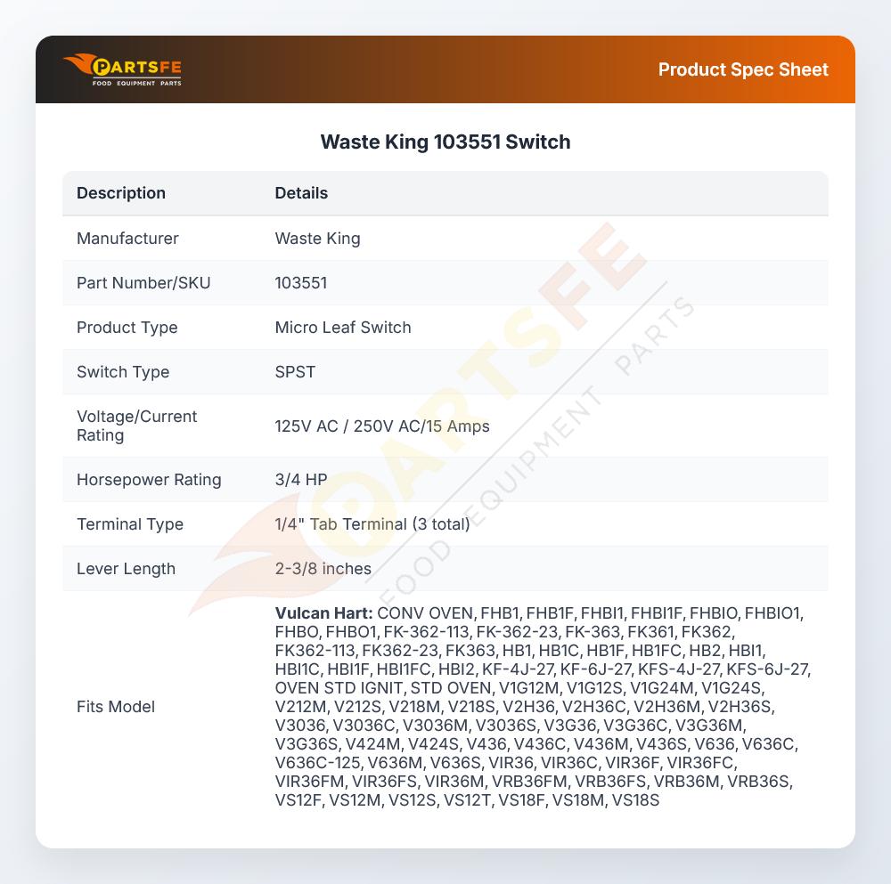 Waste King 103551 Switch 2-3/8" 15A 250V/125V SPST 1/4 TAB