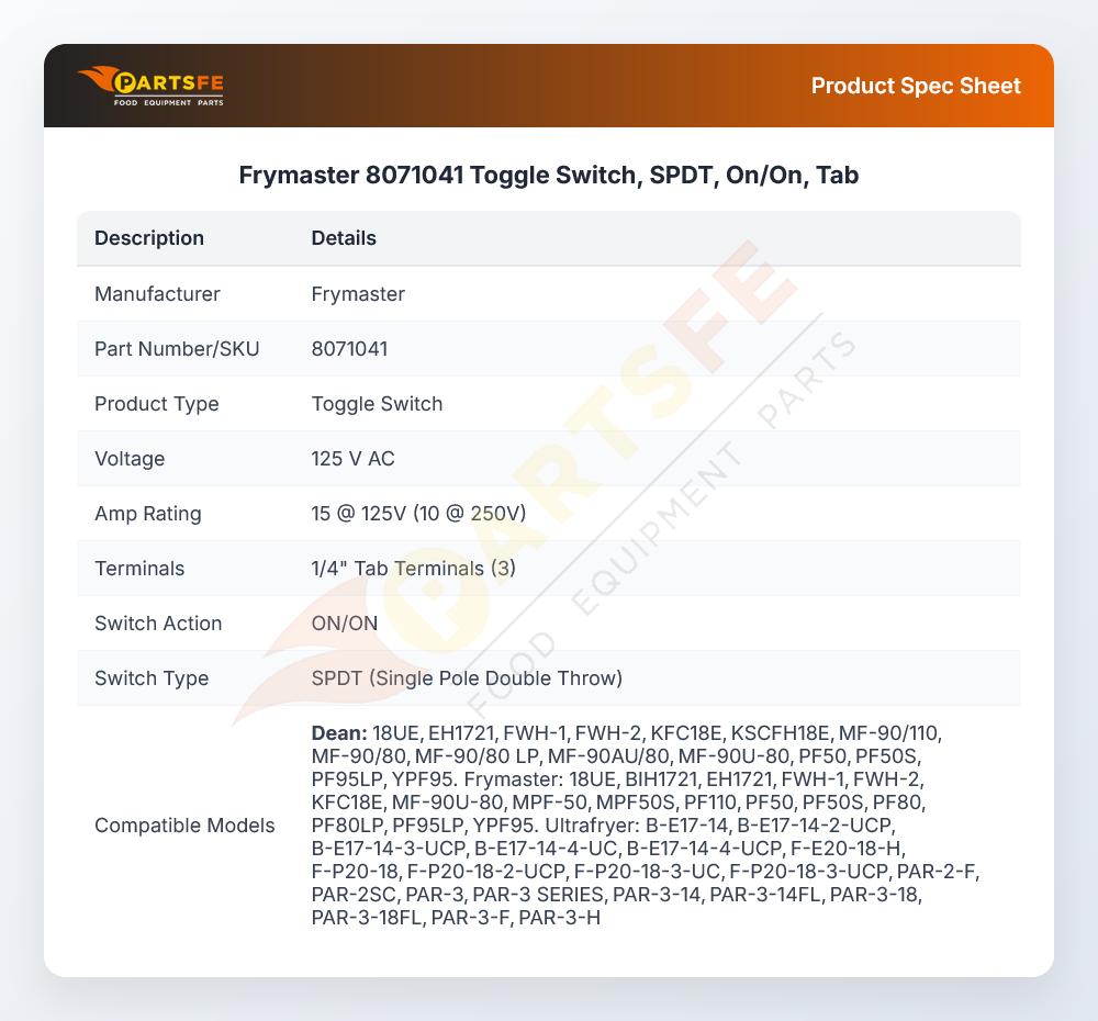Frymaster 8071041 Toggle Switch, SPDT, On/On, Tab