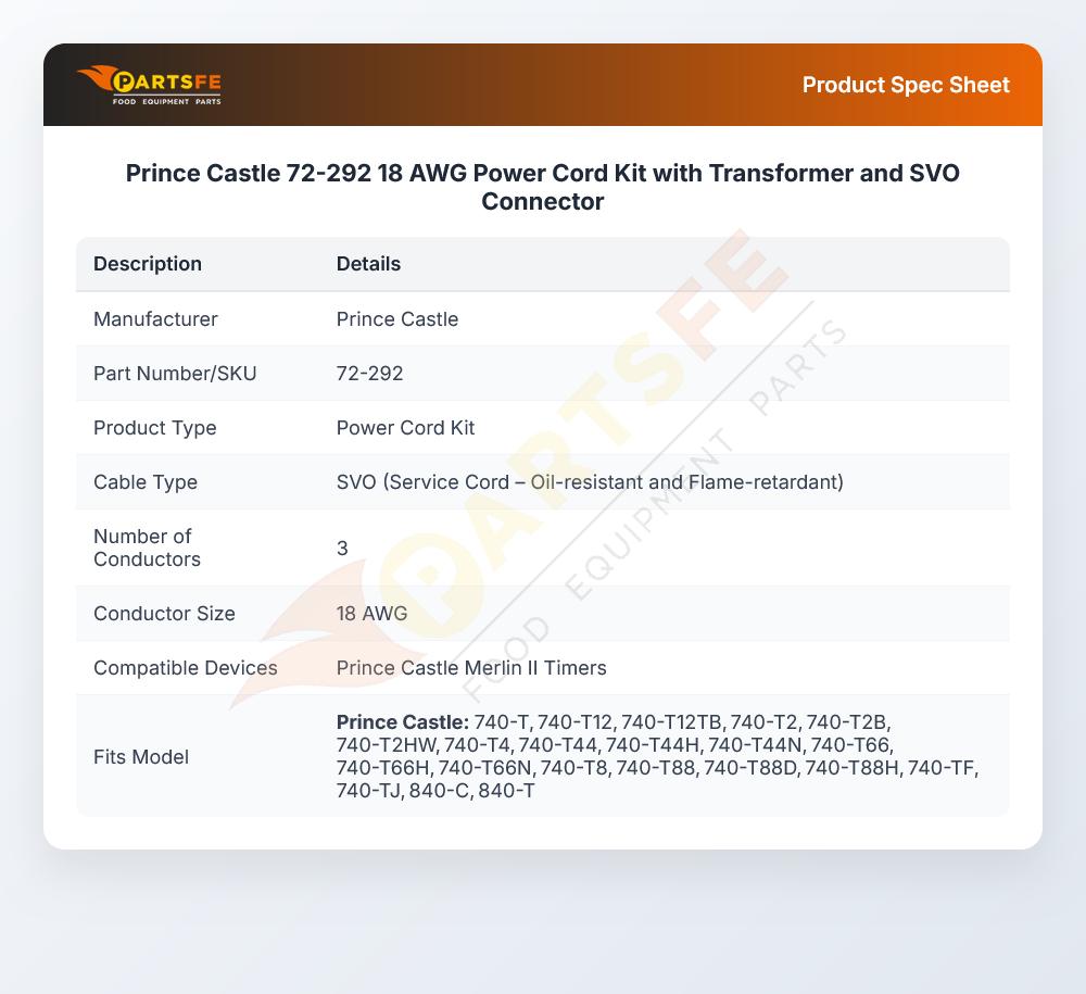 Prince Castle 72-292 18 Power Cord Kit