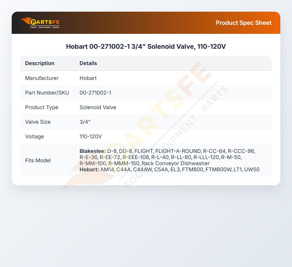 Hobart 00-271002-1 Dishwasher Solenoid Valve 3/4" 110-120V
