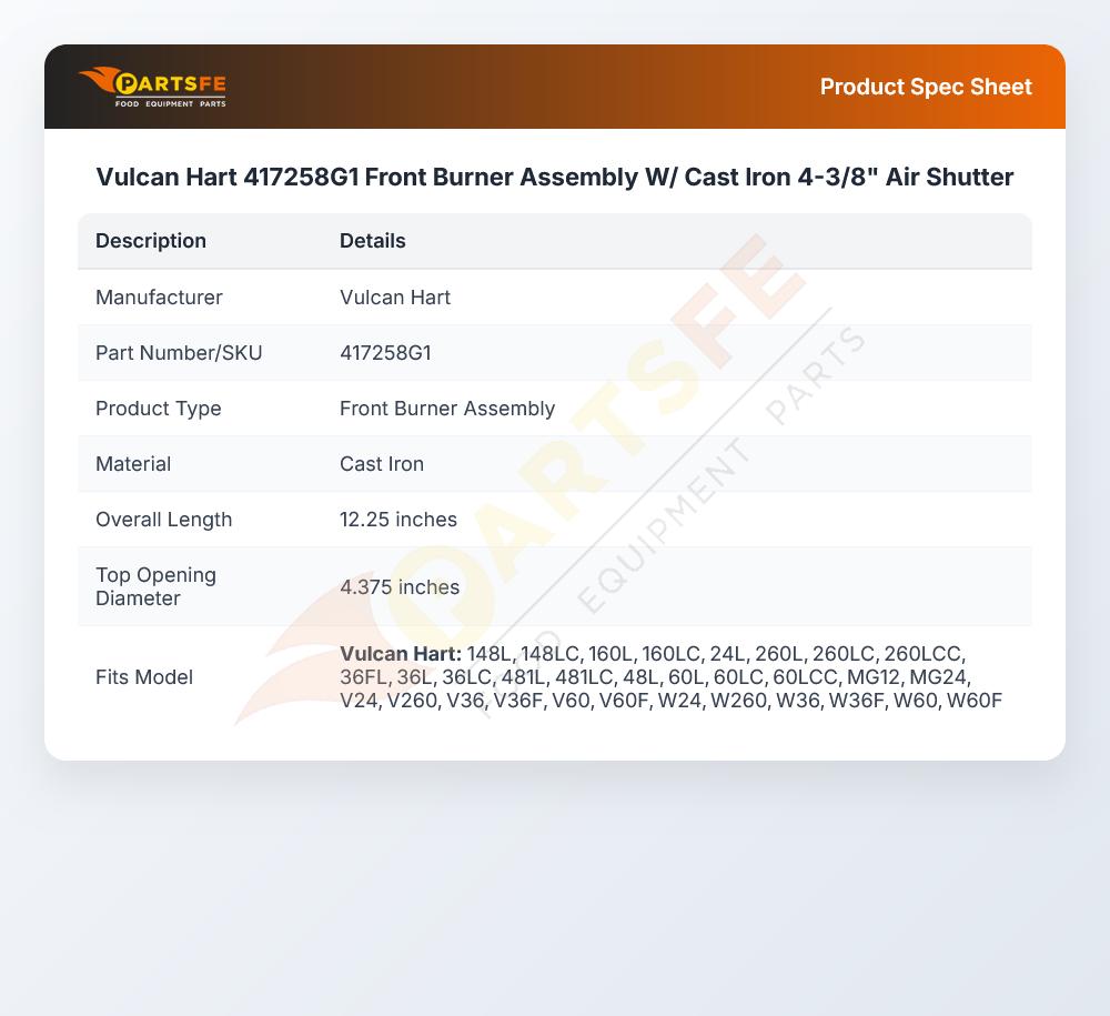 Vulcan Hart 417258G1 Front Burner Assembly W/ Cast Iron 4-3/8" Air Shutter