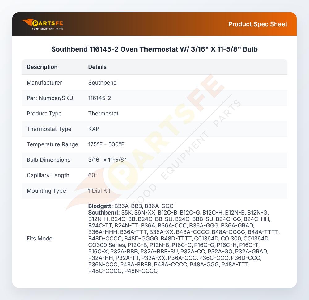 Southbend 116145-2 Oven Thermostat W/ 3/16" X 11-5/8" Bulb