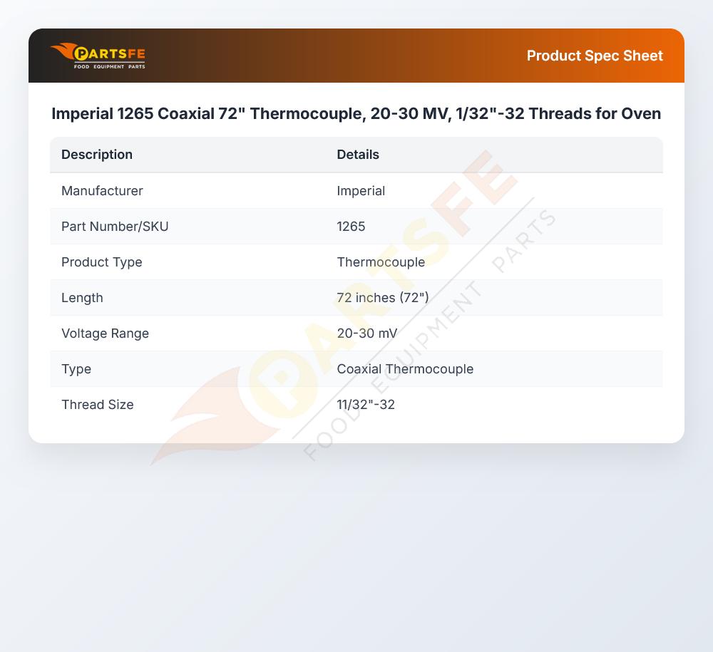 Imperial 1265 Coaxial Thermocouple 72" 20-30mV 1/32"-32 Thread