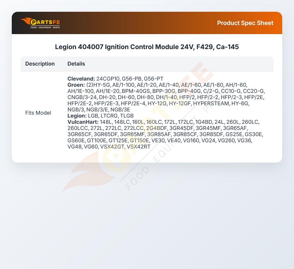 Legion 404007 Ignition Control Module 24V, F429, Ca-145