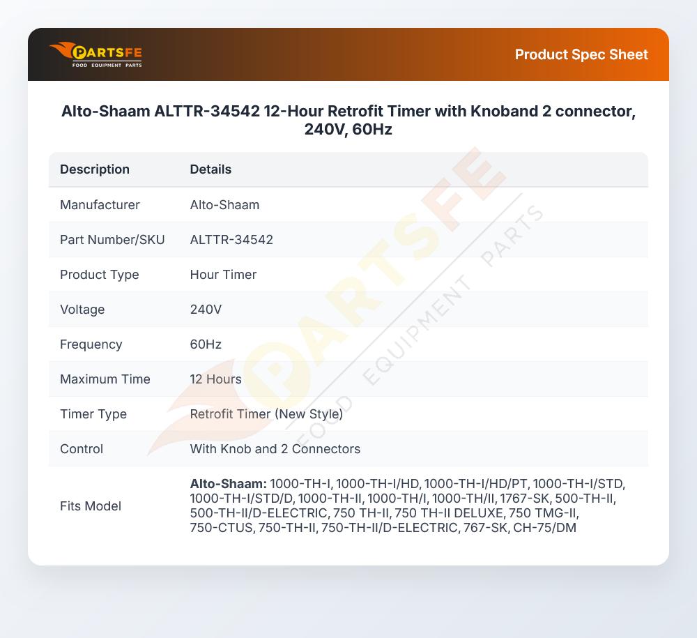 Alto-Shaam ALTTR-34542 12-Hour Retrofit Timer with Knoband 2 connector, 240V, 60Hz