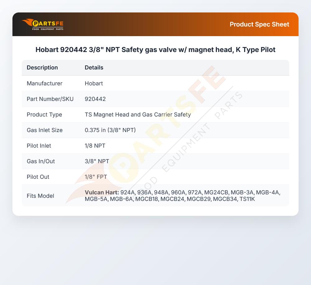 Hobart 920442 3/8" NPT Safety gas valve w/ magnet head, K Type Pilot