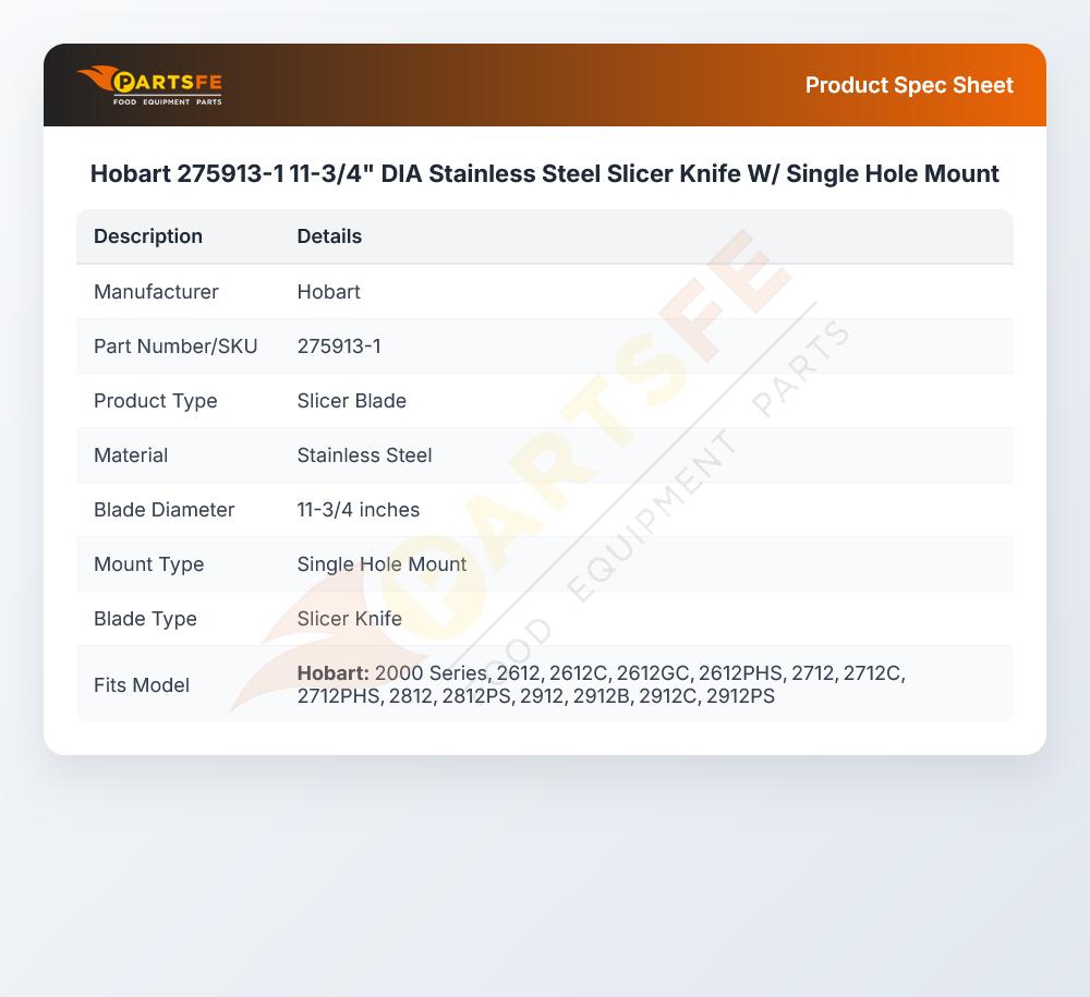 Hobart 275913-1 11-3/4" DIA Stainless Steel Slicer Knife W/ Single Hole Mount