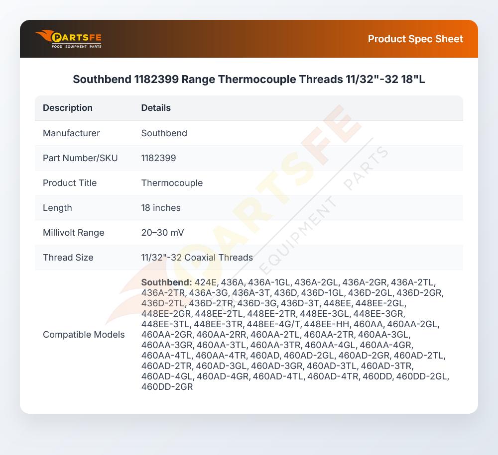 Southbend 1182399 Range Thermocouple Threads 11/32"-32  18"L
