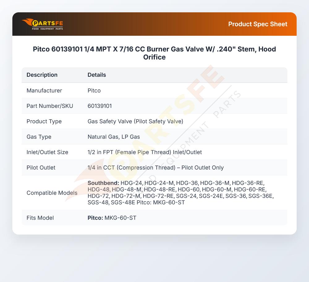 Pitco 60139101 1/4 MPT X 7/16 CC Burner Gas Valve W/ .240"  Stem, Hood Orifice