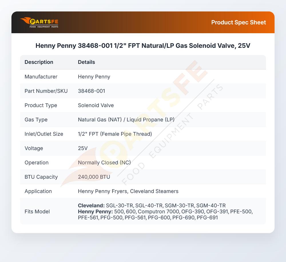Henny Penny 38468-001 1/2" FPT Natural/LP Gas Solenoid Valve, 25V