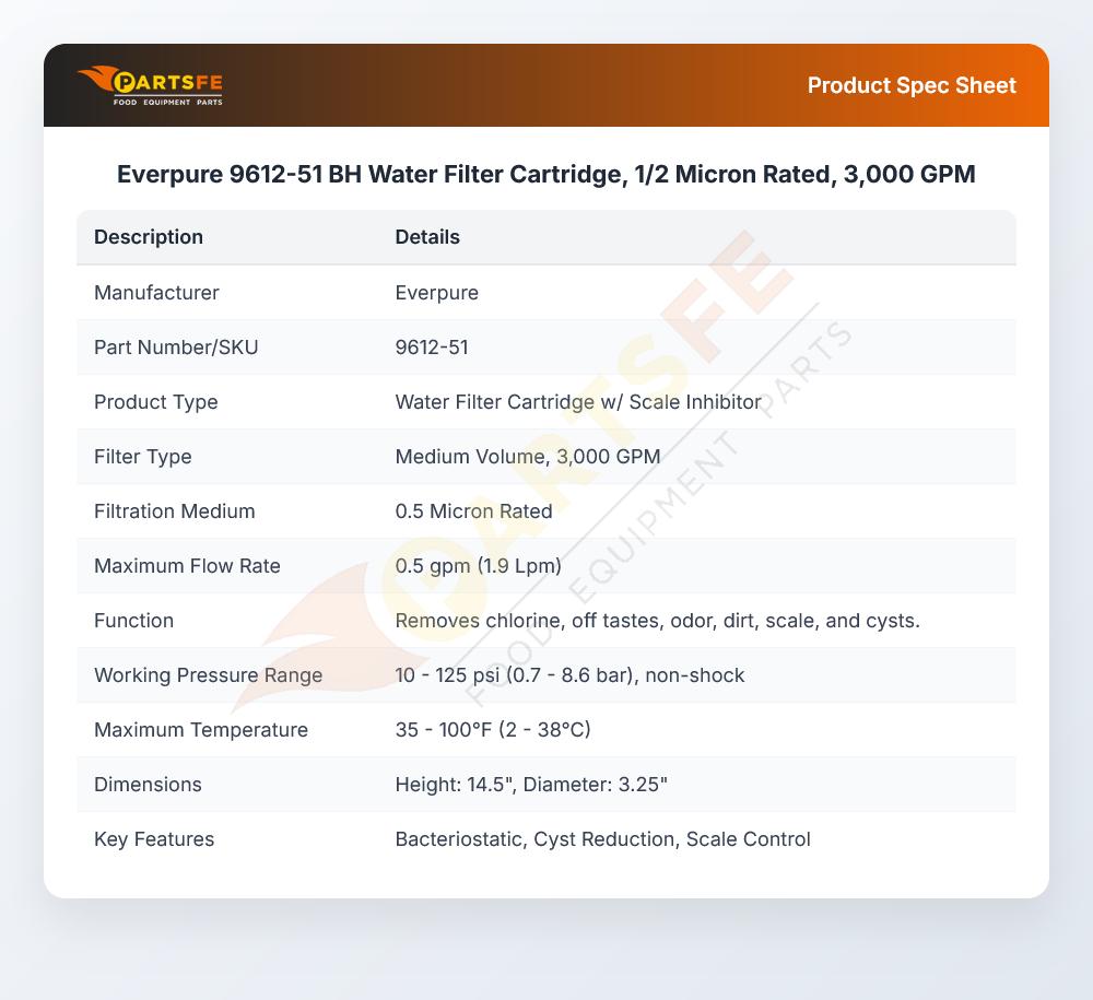 Everpure 9612-51 BH Water Filter Cartridge, 1/2 Micron Rated, 3,000 GPM