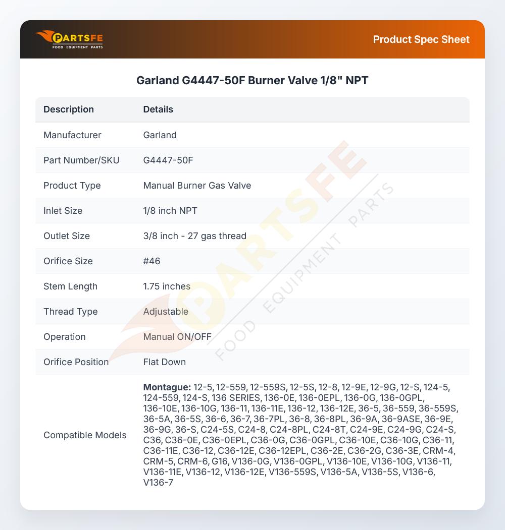 Garland G4447-50F Range Burner Valve