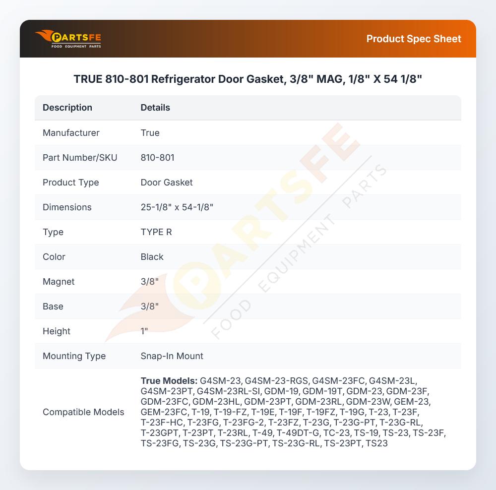 TRUE 810-801 Refrigerator  Door Gasket, 3/8" MAG, 1/8" X 54 1/8"