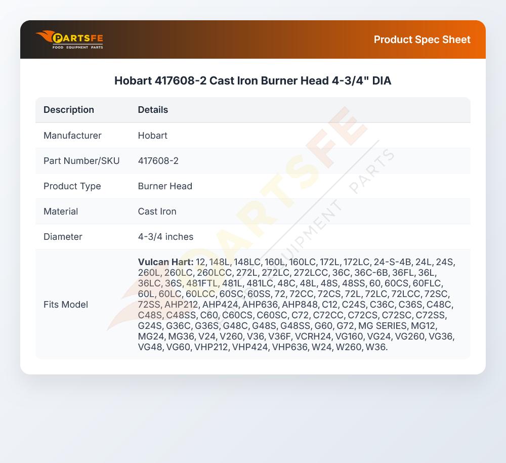 Hobart 417608-2 Cast Iron Burner Head 4-3/4" DIA