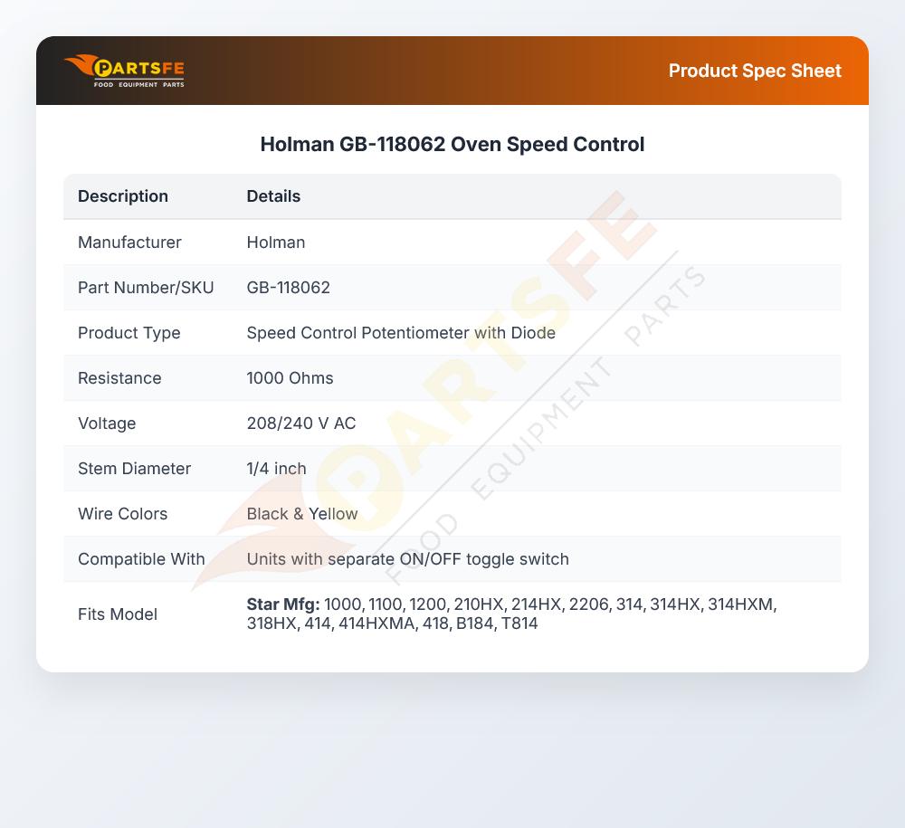 Holman GB-118062 Oven Speed Control